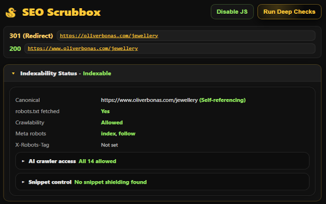 Screenshot of the chrome extension SEO Scrubbox.